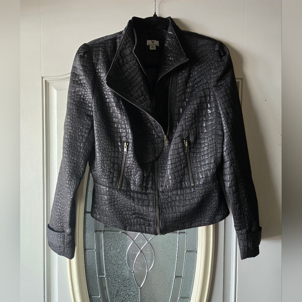 Worthington Croc Embossed Moto Jacket Medium Black Faux Leather Biker Chic - Picture 2 of 10